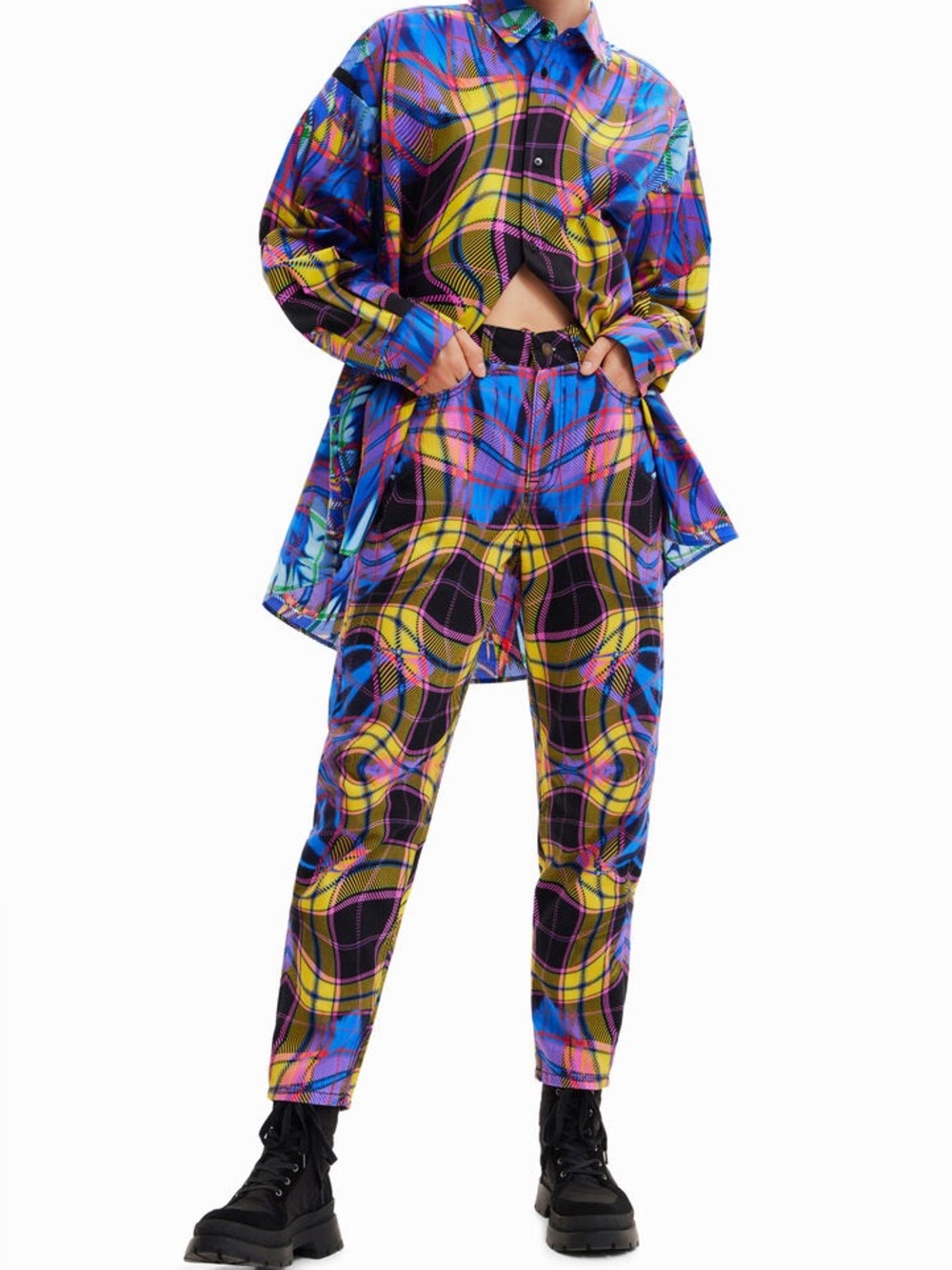 Desigual María Escoté psychedelic distorted Plaid Mom Trousers jeans NWOT medium